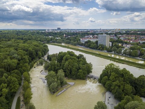 Isar at high water with bridge at the Flaucher, Flauchersteg, drone shot, Thalkirchen, Munich, Upper Bavaria, Bavaria, Germany