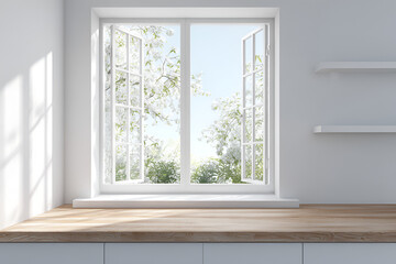 Fototapeta premium Interior scene showcasing a bright, airy space with a window overlooking blossoming trees under a clear sky. A wooden surface and shelves complete the minimalist setup