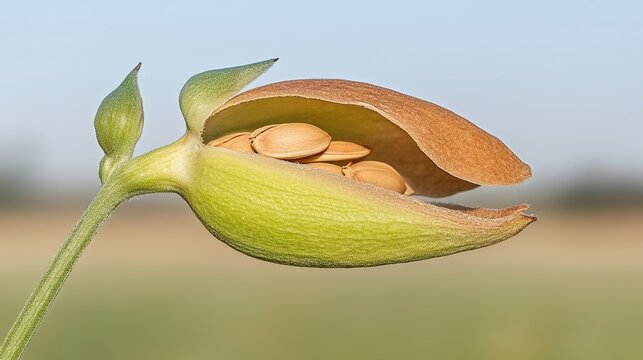 silique. Mature, dried rapeseed silique splitting open in sunlight, revealing tiny seeds inside on the plant stem. gardening catalogs.