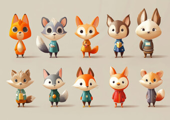Fototapeta premium Cartoon foxes in various colorful outfits.