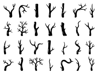 Doodle wooden branches. Rustic tree sticks, dry branch and logs. Wood silhouettes, black firewood clipart. Natural stick, autumn forest nature neoteric vector set