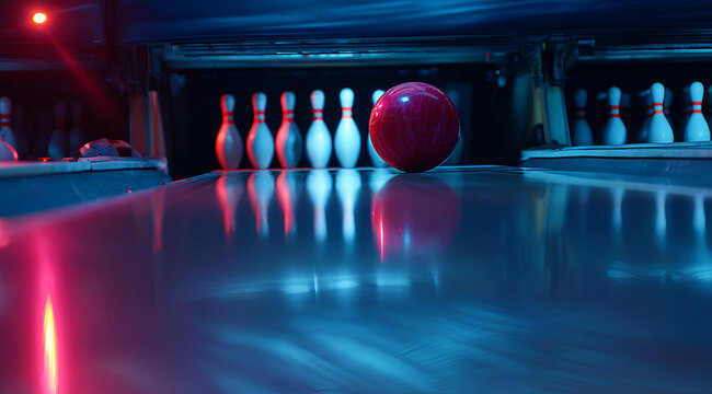 A bowling ball rolls down a lane towards pins, with vibrant neon lights enhancing the colors. Low-angle perspective