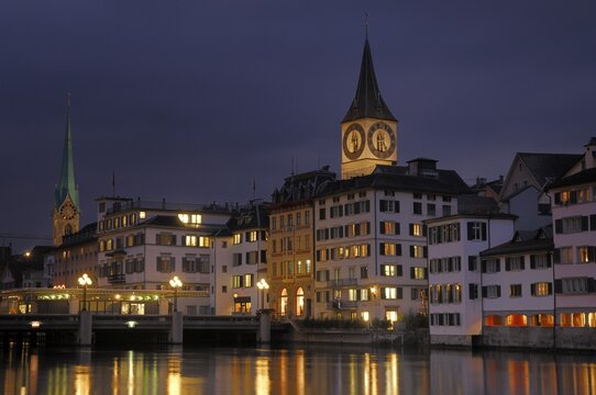 Peterskirche and Frauenmuenster on the Limmat, Zurich, Switzerland