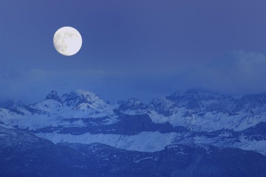 Panorama of the alps at full moon, Central Switzerland, Schwyz, Switzerland