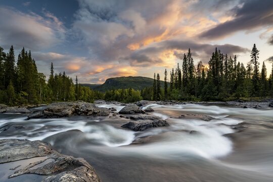 Rapids of the river Gamaj&aring;hk&aring;, evening mood, Kvikkjokk, Laponia, Norrbotten, Lapland, Sweden