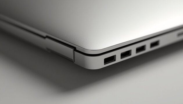 A close-up view of a sleek laptop's ports on a clean surface