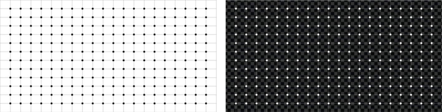 Optical illusion grid with black dots on white and white dots on black