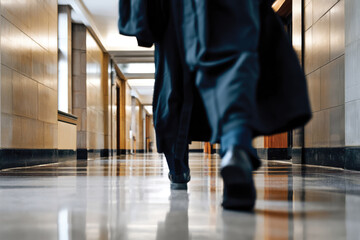 Fototapeta premium Close-up of a figure in a long, flowing garment walking through a polished hallway, showcasing a blend of elegance and motion as it reflects a moment of grace in a refined space.