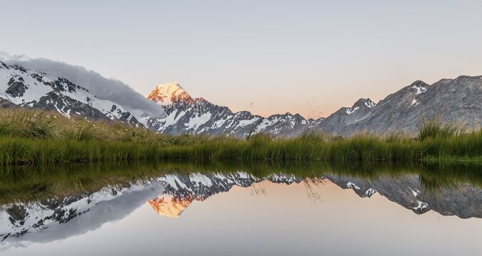 Sunset, Reflection in Mountain Lake, Mount Cook, Sealy Tarns Track, Hooker Valley, Mount Cook National Park, Southern Alps, Canterbury, South Island, New Zealand, Oceania