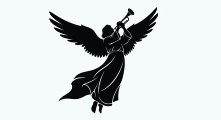 Naklejka premium Angel silhouette, winged heavenly being, black illustration, trumpet player, religious icon