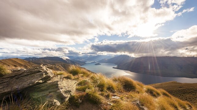 Sun shining, lake surrounded by mountains, Lake Hawea, view from Isthmus Peak, Otago, South Island, New Zealand