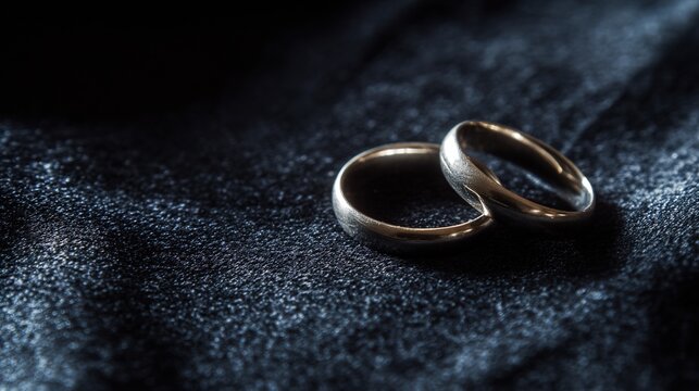 electroluminescence. Two silver wedding bands overlapping on dark velvet fabric. lifestyle magazines, social media lookbooks, designed for lifestyle magazines and social media content.