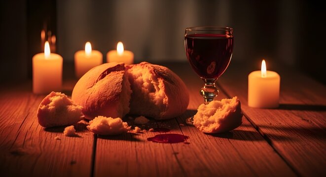 Holy week still life with bread and red wine on rustic wooden table lit by candlelight symbolic close up scene representing the last supper and christian communion tradition