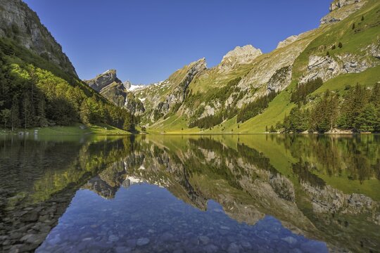 Mountains are reflected in the Seealpsee, behind the S&auml;ntis, Alpstein, Canton Appenzell, Switzerland