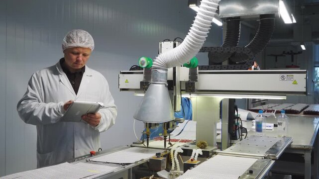 Inspection of manufacturing machinery and soldering devices for quality assurance. Technician thoroughly examines all equipment and processes to guarantee product standards and operational efficiency