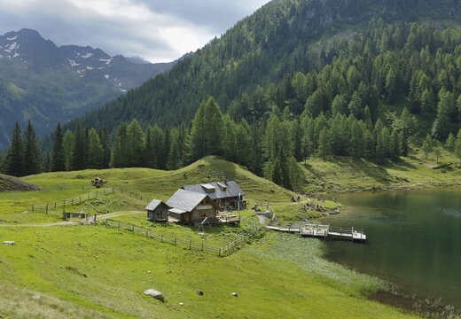 Fahrlechnerhuette mountain lodge at the Duisitzkarsee lake, Schladminger Tauern mountains, Styria, Austria, Europe