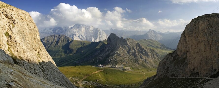 View of the Passo Pordoi from the Forcelli Pordoi Sella massif, province of Bolzano-Bozen, Italy, Europe