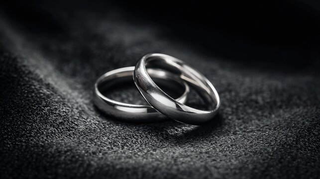 electroluminescence. Two silver wedding bands overlapping on dark velvet fabric. lifestyle magazines, social media lookbooks, designed for lifestyle magazines and social media content.
