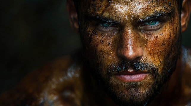 Close-up portrait of determined man with intense blue eyes, his face covered in dirt and sweat, suggesting fierce struggle or arduous journey through rugged environment