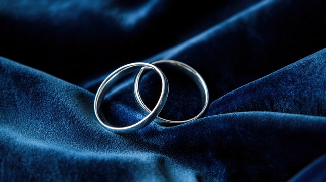 electroluminescence. Two silver wedding bands overlapping on dark velvet fabric. lifestyle magazines, social media lookbooks, designed for lifestyle magazines and social media content.