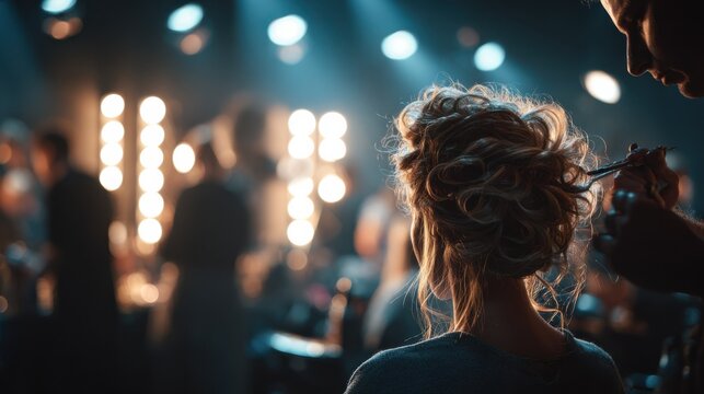 Medium shot of a hairstylist perfecting a complex fantasy hair design under bright salon lights with blurred competitors in the background enhancing the creative ambiance.