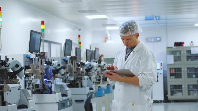 White technician inspecting semiconductor production line, examining diodes and microchips under microscope in sterile cleanroom, focused precision work with monitoring screens and automated equipment
