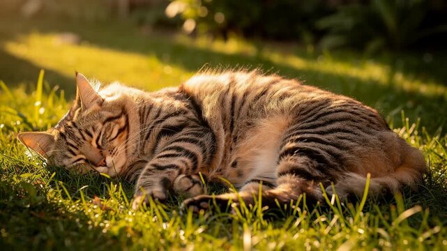 Striped cat peacefully napping in warm golden sunlight stretching out in comfort