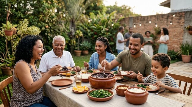 Feijoada brasileira em reuni&atilde;o familiar ao ar livre com clima descontra&iacute;do e acolhedor