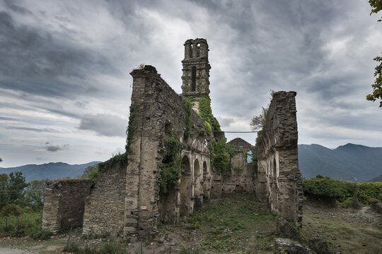Former Franciscan convent of Orezza, ruin of the destroyed church, cloudy sky, Valle-di-Rostino, Haute-Corse, Corsica, France