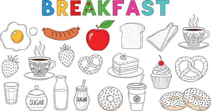 Colorful and Fun Breakfast Icon Set Featuring Coffee, Donuts, Cake, Egg, Fruit, Cupcake, Toast, and Other Morning Essentials