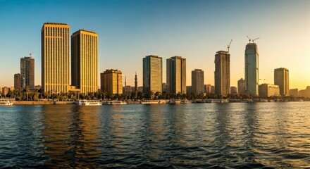 Obraz premium Modern city skyline with tall buildings, river, and sunrise glow