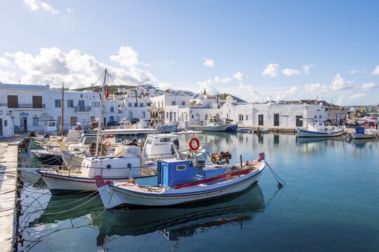Harbour with fishing boats, Naoussa harbour town, Paros Island, Cyclades, Greece