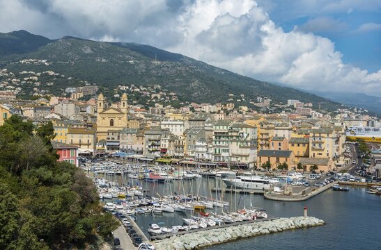 Old port, Vieux port, Port de Plaisance, marina with the church Saint Jean Baptiste, Bastia, Haute-Corse, North Coast, Corsica, France