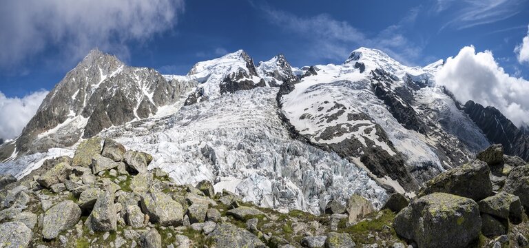 La Jonction, glacier tongue, Glacier des Bossons meets Glacier de Taconnaz, summit of Aiguille du Midi, Mont Maudit, Mont Blanc and Aiguille de Bionnassay, Chamonix, Haute-Savoie, France