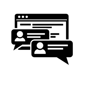 Black and white illustration of chat bubbles on a computer screen for website or app design