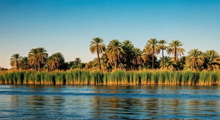 Obraz premium Palm trees and reeds line the waters edge under a clear, blue sky