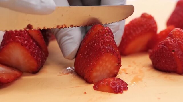 A detailed, close-up shot shows a hand wearing a grey protective glove using a knife to slice vibrant red strawberries on a bright orange cutting board. The scene suggests food preparation, healthy ea
