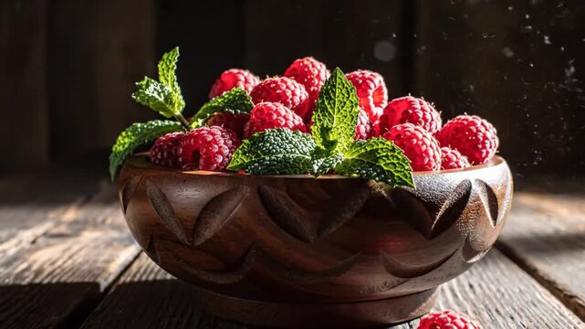 Close-up shot of ripe raspberries and fresh mint leaves in a handcrafted wooden bowl on a rustic wooden table
