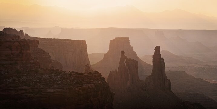 Rocks in the morning light, La Sal Mountains at the rear, Canyonlands National Park, near Moab, Utah, United States