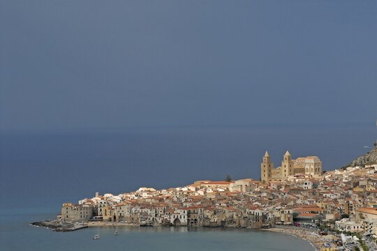 View of Cefalu with the Cathedral, Sicily, Southern Italy, Europe