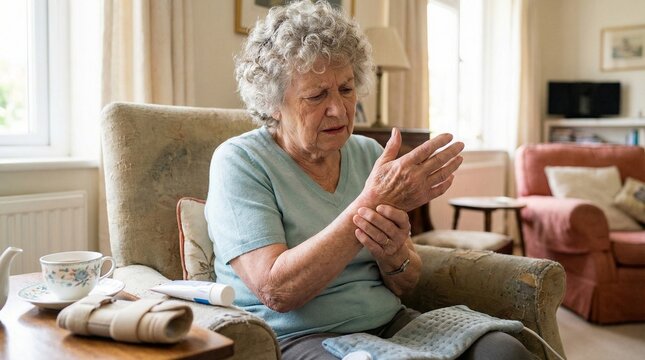Elderly Woman Suffering from Arthritis and Wrist Inflammation at Home