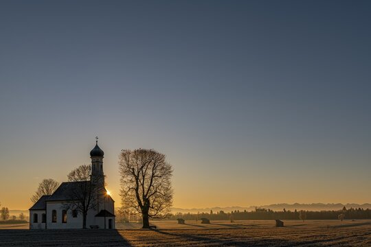 Chapel of St. John in first morning light, Raisting, Upper Bavaria, Bavaria, Germany