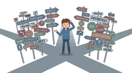 Confused man at a crossroads with multiple signs.