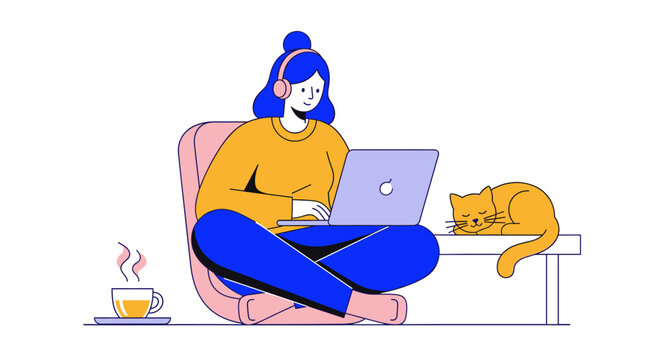 Woman working on laptop with sleeping cat at home