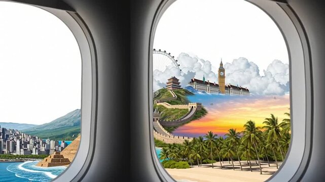 Travel destinations around the world seen from airplane window