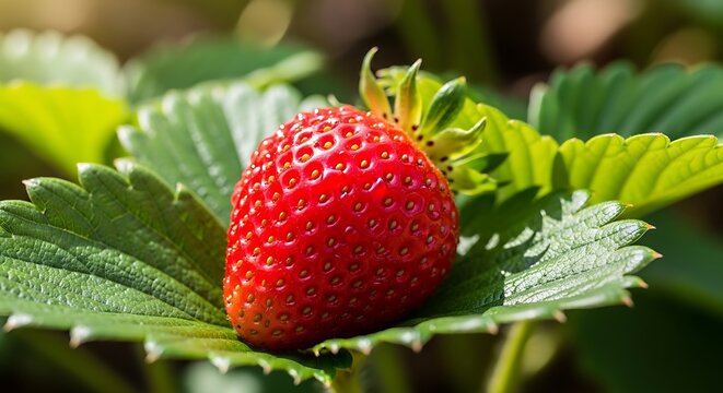 Single ripe red strawberry resting on a vibrant green leaf in a sunny garden patch with soft natural light and blurred background