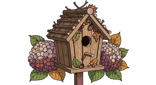 Rustic birdhouse adorned with acorns, autumn leaves, and hydrangea blooms