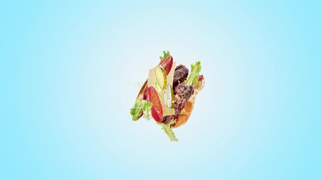 Flying burger with ingredients exploding in mid air on clean blue background. Concept of fast food advertising, menu design, product promotion, and dynamic commercial visuals.