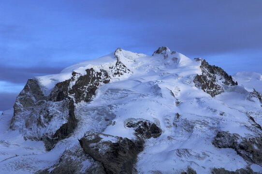 Monte Rosa mountain range with the Dufour peak, the highest swiss mountain, Zermatt, Valais, Switzerland