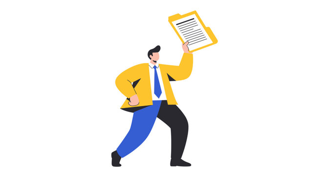 Businessman holding a yellow file folder on white background